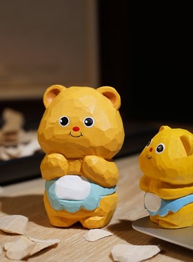 黄油小熊手工木雕小摆件卡通可爱治愈工位办公桌面手办送女生礼物