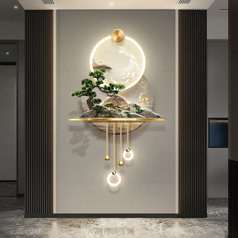 3D立体发财树玄关装饰画轻奢走廊尽头新中式山水画过道九鱼图壁灯图片