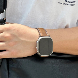 REXINTS适用applewatch真皮表带S11苹果手表表带牛皮iWatch手表带ultra3210高级感se腕带S9/S8/S7/S6男女通用