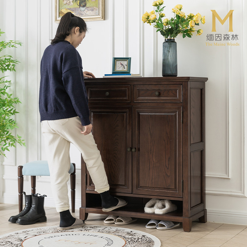 美式鞋柜玄关柜带抽屉双开门实木家具全实木水性漆白蜡木纯原木,住宅家具,鞋柜,淘宝优惠券,粉丝福利购,淘宝优惠卷
