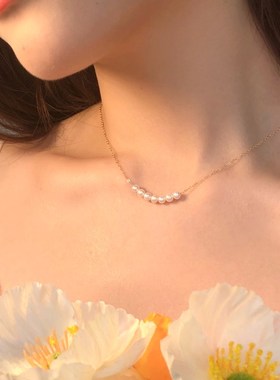新款七颗珍珠微笑链锁骨链平衡木项链夏季气质简约经典百搭不掉色