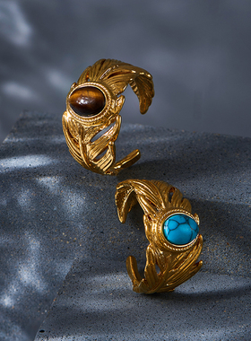 天然石虎石羽毛戒指女小众设计法式绿松石复古时尚个性配饰高级感