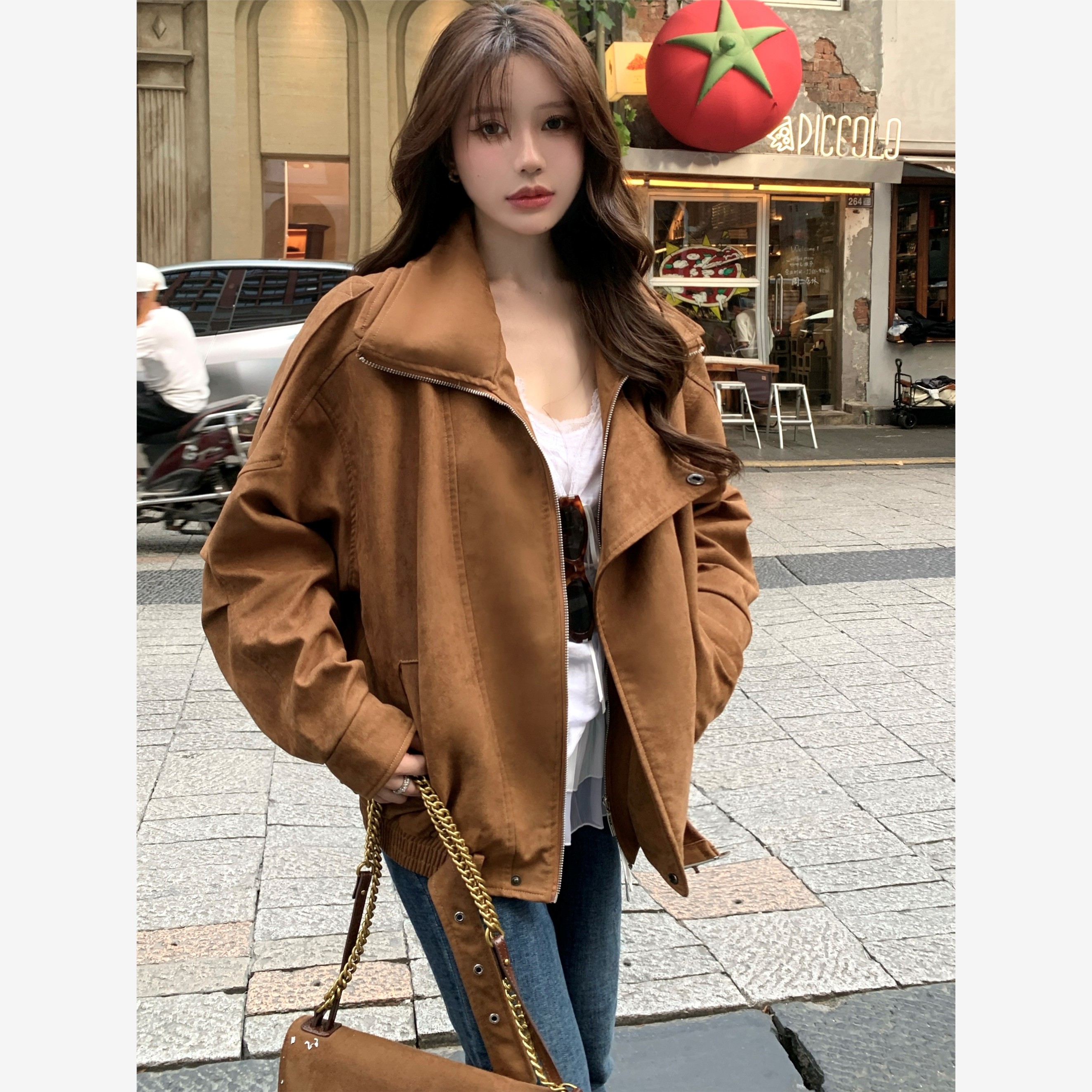 美拉德覆古咖色麂皮机车服外套女2025秋季新款工装皮夹克上衣外套