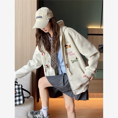 灰色卫衣女2025新款春秋可爱学生腊肠狗开衫拉炼设计感学院风外套