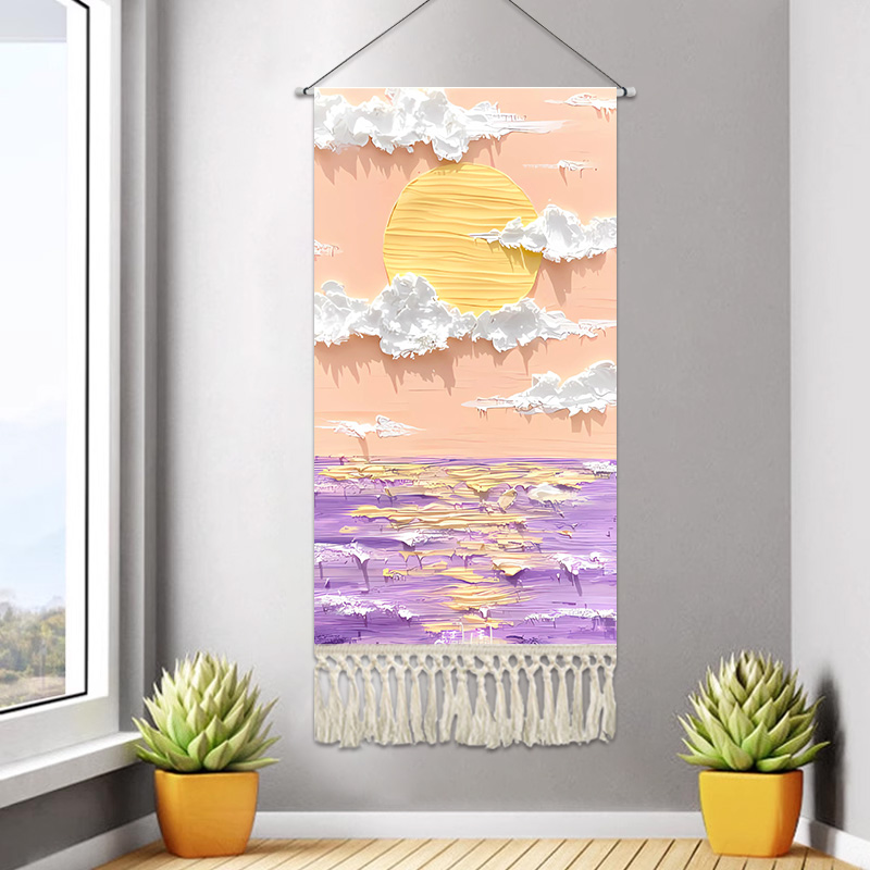 北欧简约油画装饰布画定制流苏挂画布艺客厅背景墙布挂布玄关挂毯图片