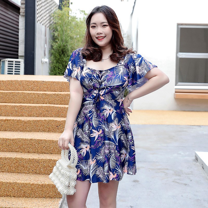 泳衣遮肉显瘦女连体大码游泳衣时尚保守印花裙妈妈款休闲泳装