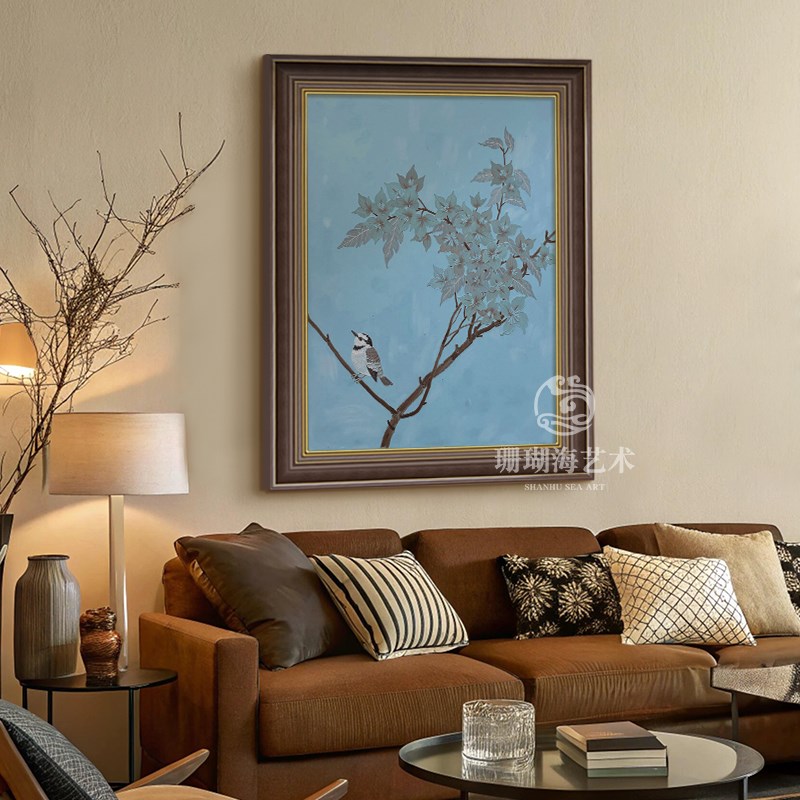 克莱因蓝纯手绘油画中古风客厅装饰画花鸟玄关沙发背景墙丙烯挂画图片