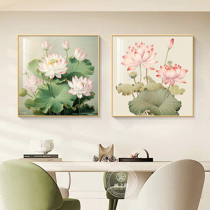和气生财新中式餐厅装饰画正方形荷花客厅挂画茶室莲花卫生间壁画图片