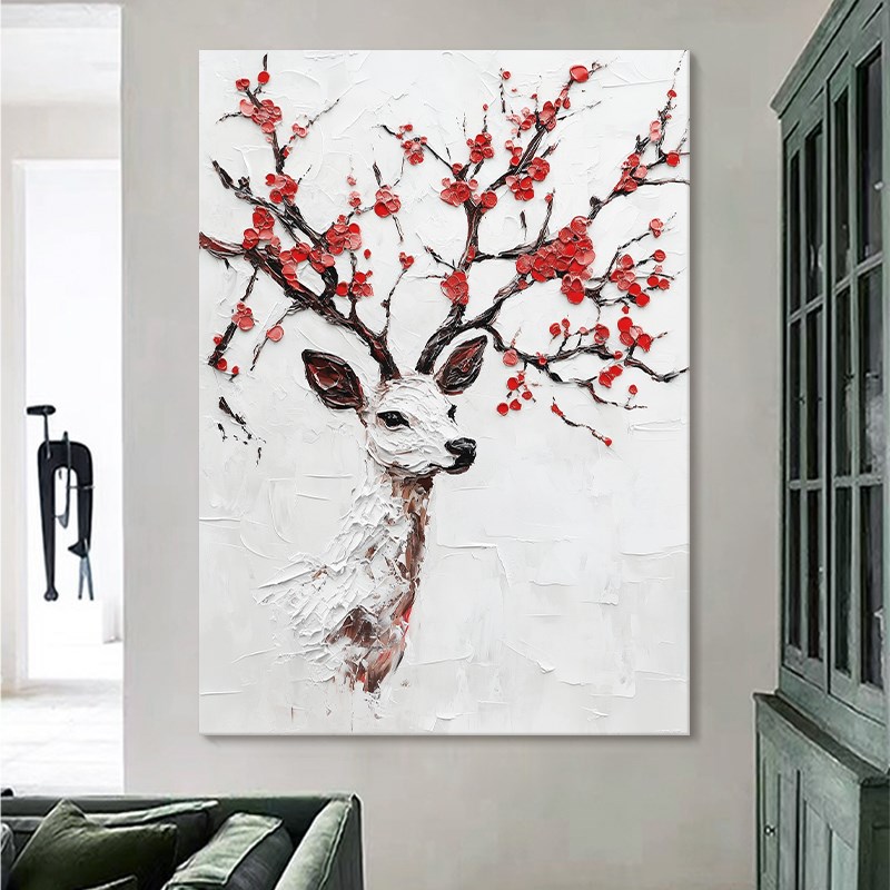 简约风纯手绘油画抽象梅花麋鹿装饰画客厅玄关肌理画大芬村挂画图片