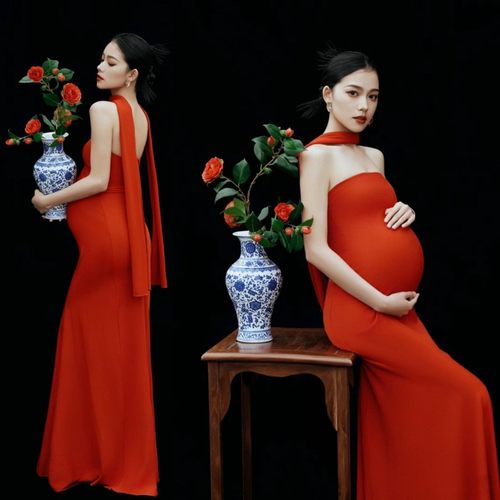 影楼孕妇拍照新款中国红抹胸裙复古写真肖像孕妈咪艺术照摄影服装