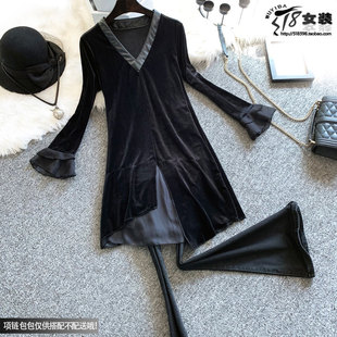 秋冬装新款时尚气质V领不规则打底裙女修身收腰中长款黑色连衣裙