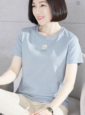 妈妈浅蓝色纯棉短袖T恤女韩版夏季圆领印花洋气半袖宽松大码上衣