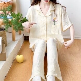 产后孕妇怀孕期家居服两件套 薄款 哺乳睡衣夏装 纯棉纱布月子服夏季