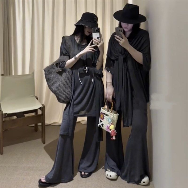 纸片人夏季新款松弛感深灰色宽松上衣高弹长裤可拆卸披肩三件套女,女装/女士精品,时尚套装,淘宝优惠券,粉丝福利购,淘宝优惠卷