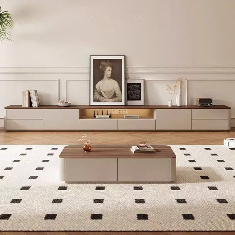 中古风实木落地电视机柜茶几组合客厅家用2025新轻奢新款电视地柜