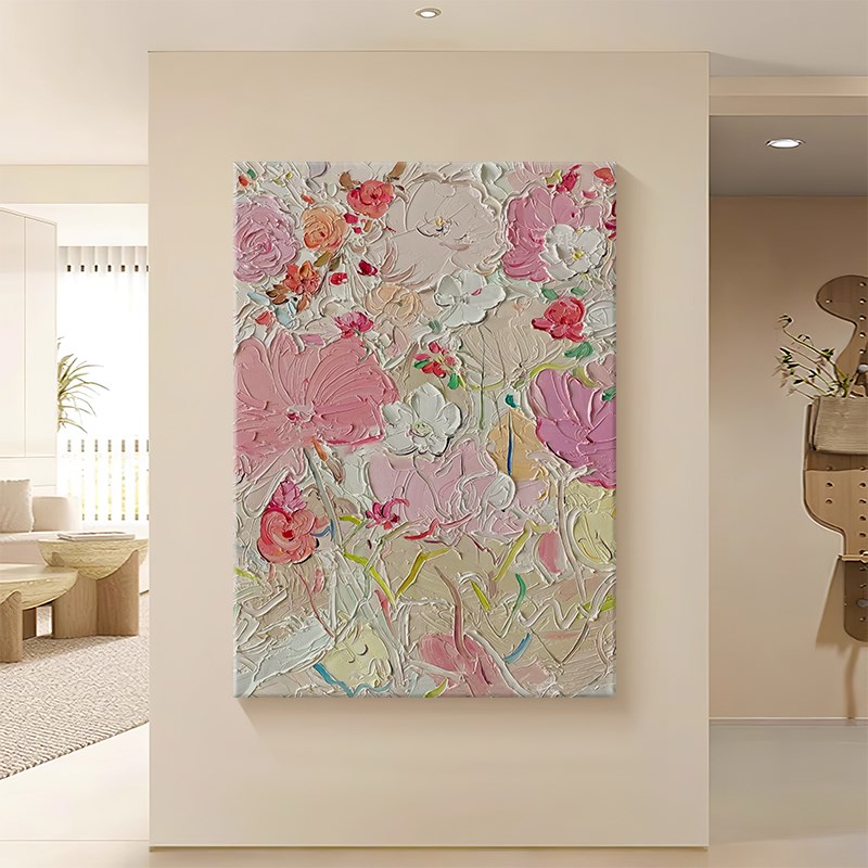 奶油风客厅装饰画花卉手绘油画艺术肌理花落地画法式入户玄关挂画图片