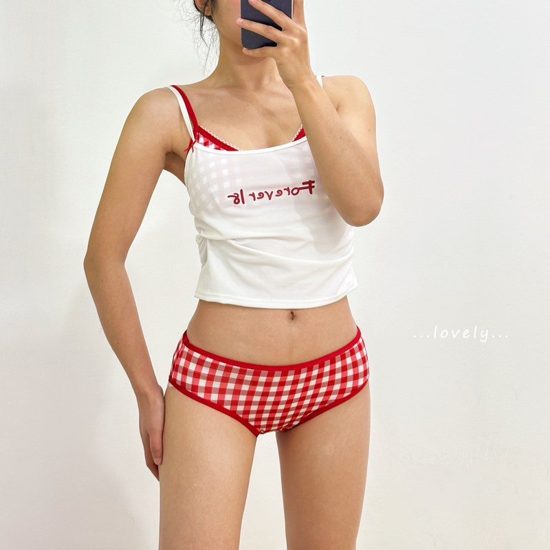 分体泳衣女款美式甜心ins海岛度假红色格子显白比基尼四件套温泉