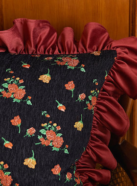 偏爱集美式复古抱枕荷叶边客厅沙发法式玫瑰绣花绿色腰枕靠垫组合