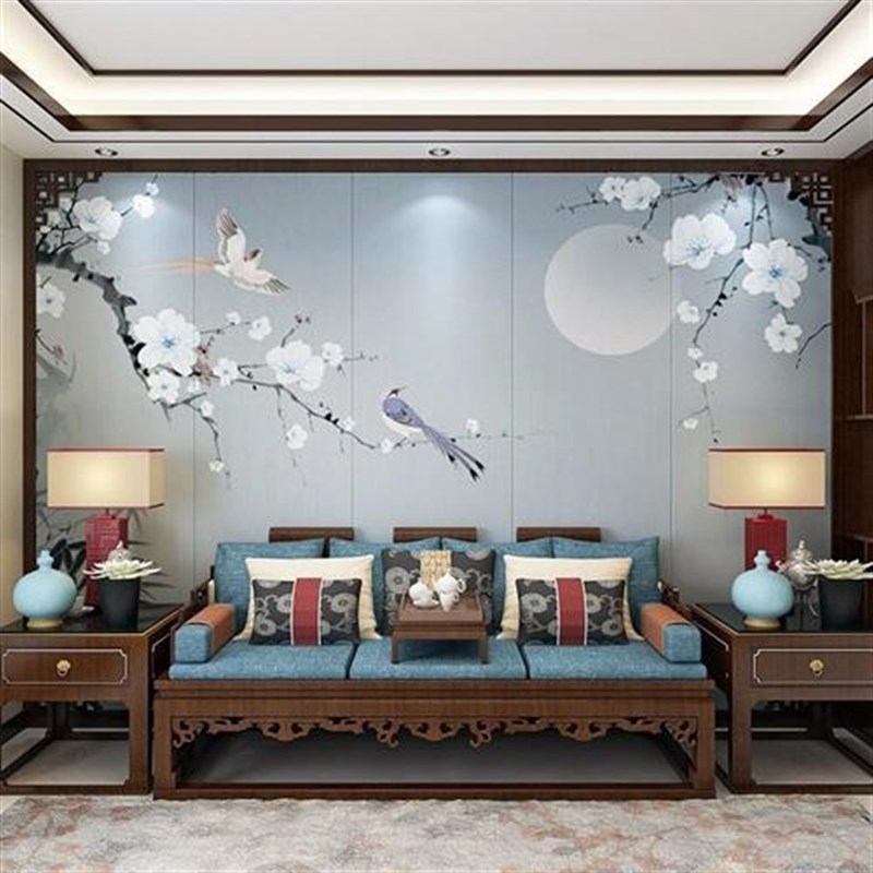 中式古典花鸟床头背景墙布大气简约立体壁纸客厅卧室沙发装饰壁画图片
