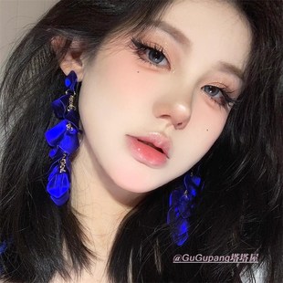 清冷感蓝色花瓣耳环复古夸张流苏花朵耳坠气质高级感轻奢耳钉耳饰