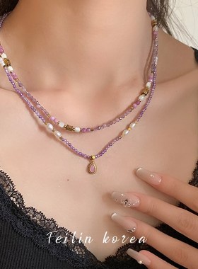 紫色串珠项链新款2024爆款天然石颈链高级感叠戴珍珠锁骨链配饰女