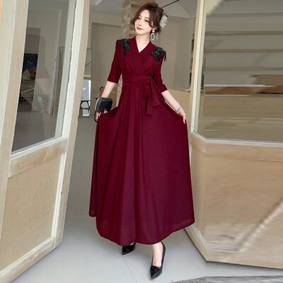 法式重工钉珠腰带束身修身气质显瘦五分袖连衣裙女夏新款大摆长裙