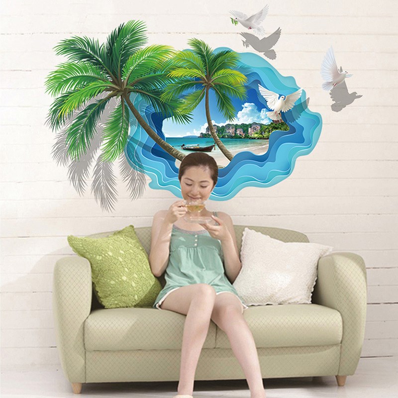 创意3D特效椰子树海边沙滩风景墙贴画海鸥贴纸墙面装饰自粘贴壁纸