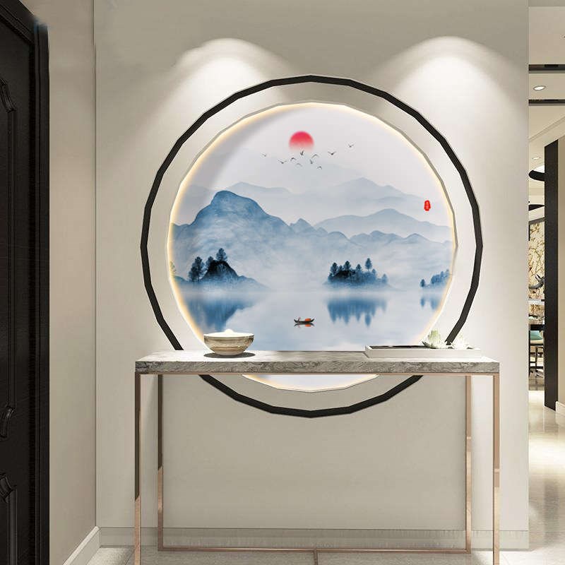 定制圆形新中式玄关装饰画水墨圆圈弧形山水壁纸过道走廊背景墙布图片