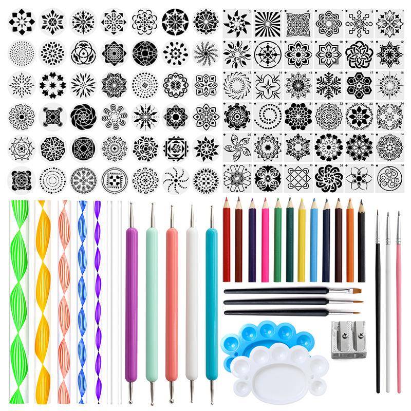 曼陀罗工具112件套装镂空绘画模板亚克力棒点点画彩色铅笔