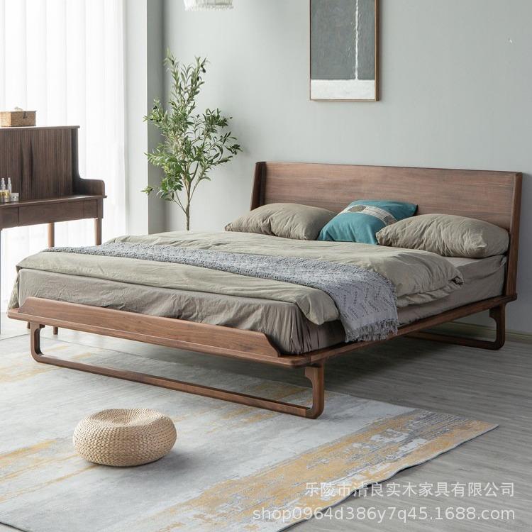 北欧全实木床黑胡桃木双人床简约现代1.8米1.5米主卧大床原木婚床