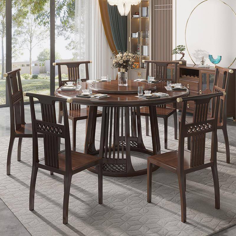 新中式全实木餐桌椅现代简约轻奢乌金木圆餐桌椅组合吃饭桌子家用