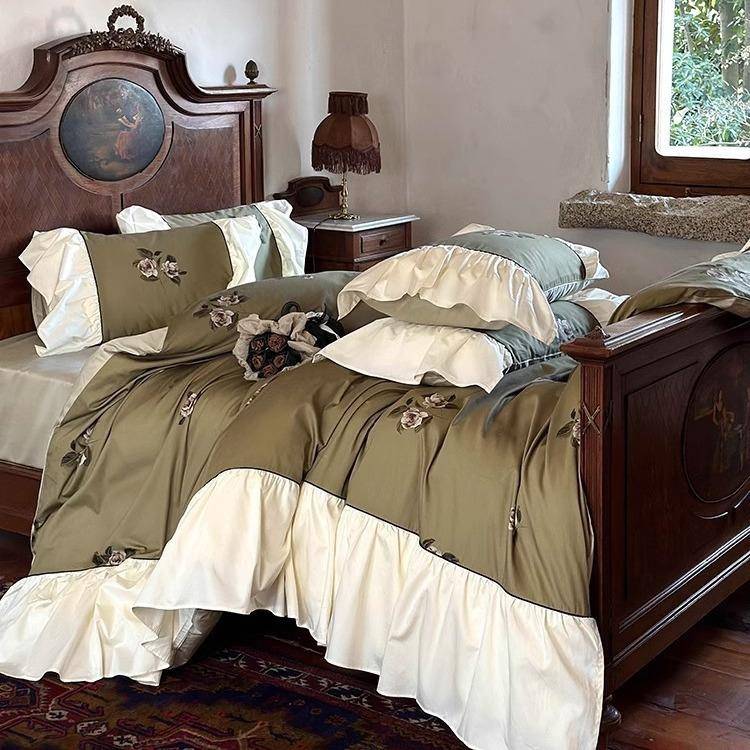 1复古美式全棉贡缎100支长绒棉四件套纯棉双人床1.8荷叶边被套床