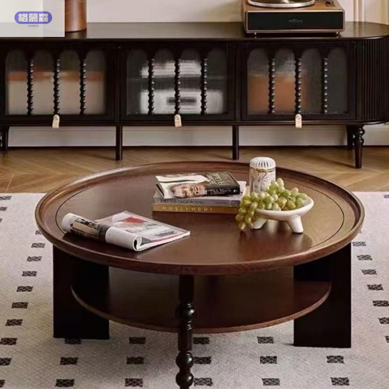 新款法式复古茶几实木圆形美式茶桌家用小桌子小户型客厅