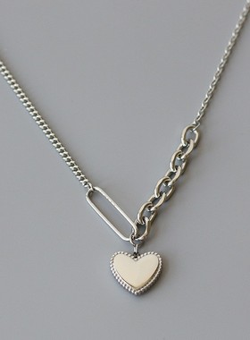 不掉色小众银色爱心拼接链条项链中长链2021年新款设计感七夕