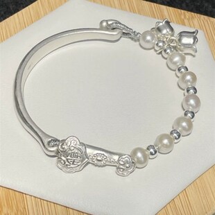 999纯银如意铃兰花珍珠半镯半链女新款小桃花手镯手链生日送女友