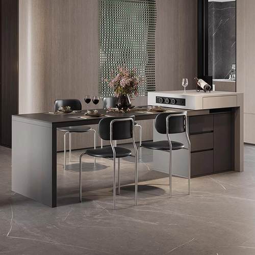 意式岩板岛台餐桌黑色一体小户型家用多功能可伸缩新款高档中岛台