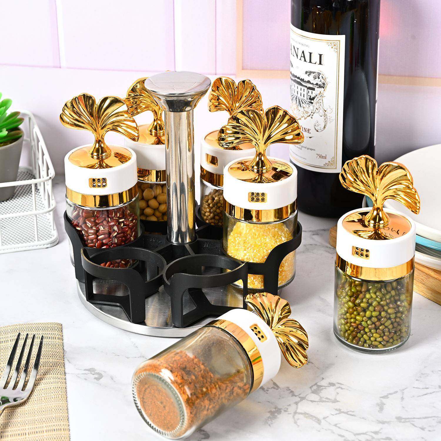 厨房玻璃调料瓶防潮盐罐调味罐可旋转撒料瓶调味料盒可旋转调料瓶