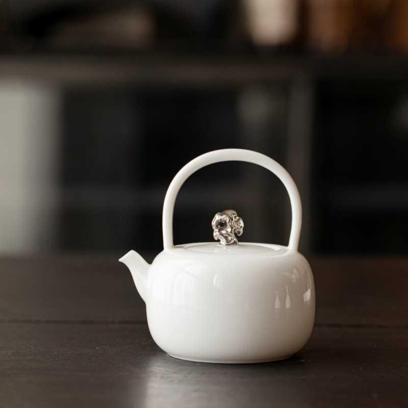 新中式白瓷茶壶瓷炳提梁壶家用泡茶壶办公室茶具白金盖粒茶壶单壶