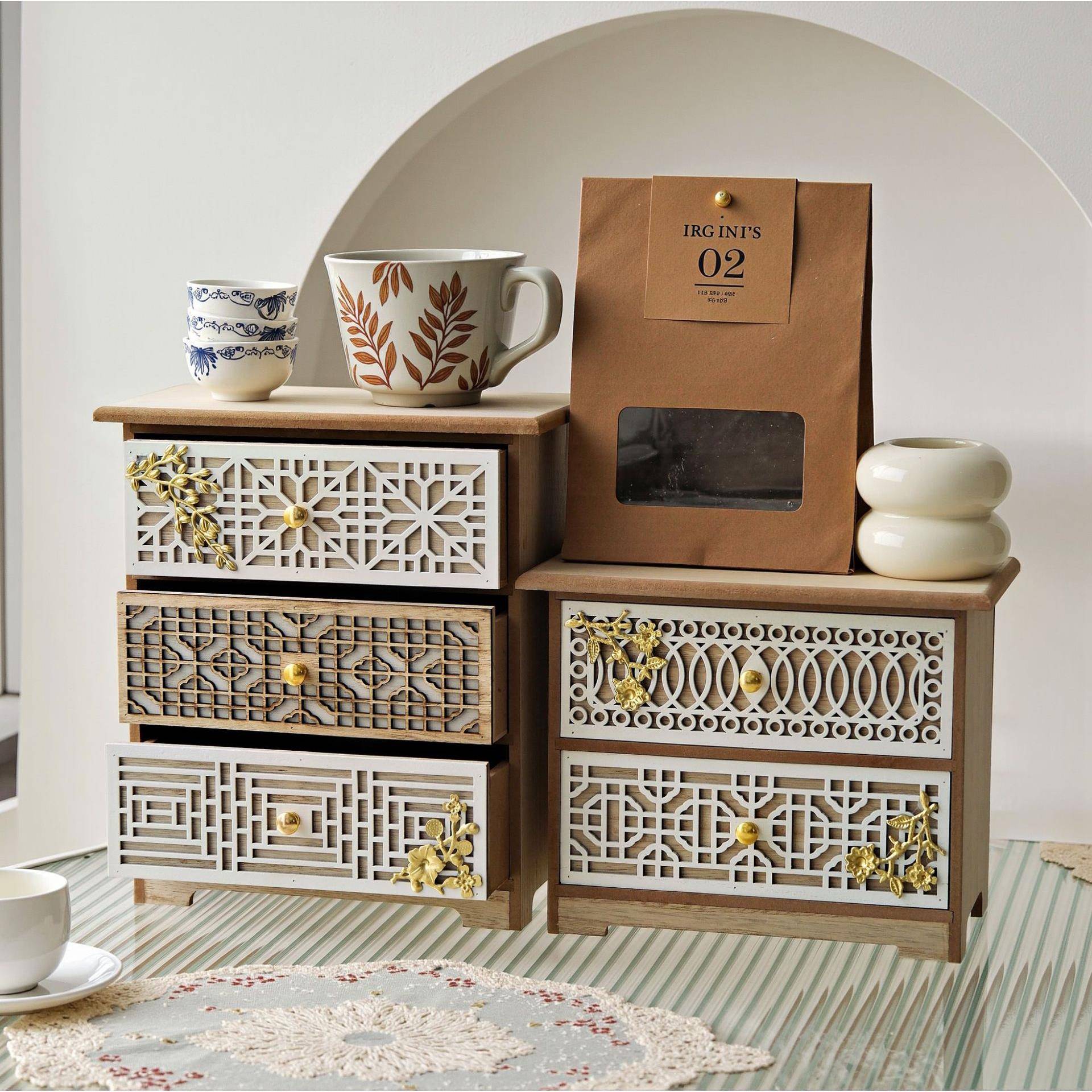 木质家用复古雕花镂空桌面收纳柜抽屉式多层收纳防尘实木储物柜