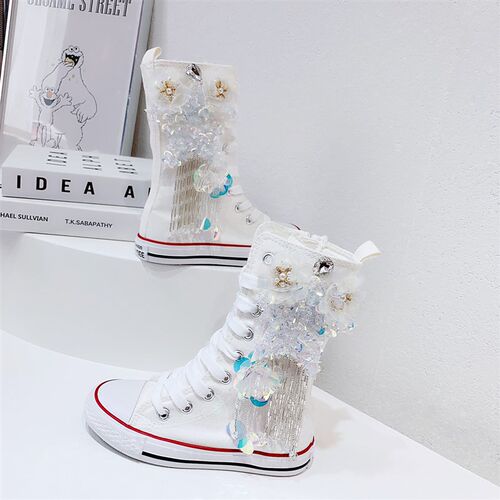 童鞋手工钉珠水钻2021春秋新款高帮女童儿童帆布鞋韩版高筒休闲鞋