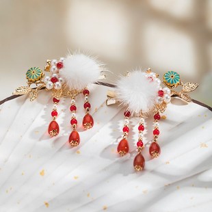【琼枝】古风毛球发饰红蓝流苏对夹超仙毛绒发夹可爱流苏汉服头饰