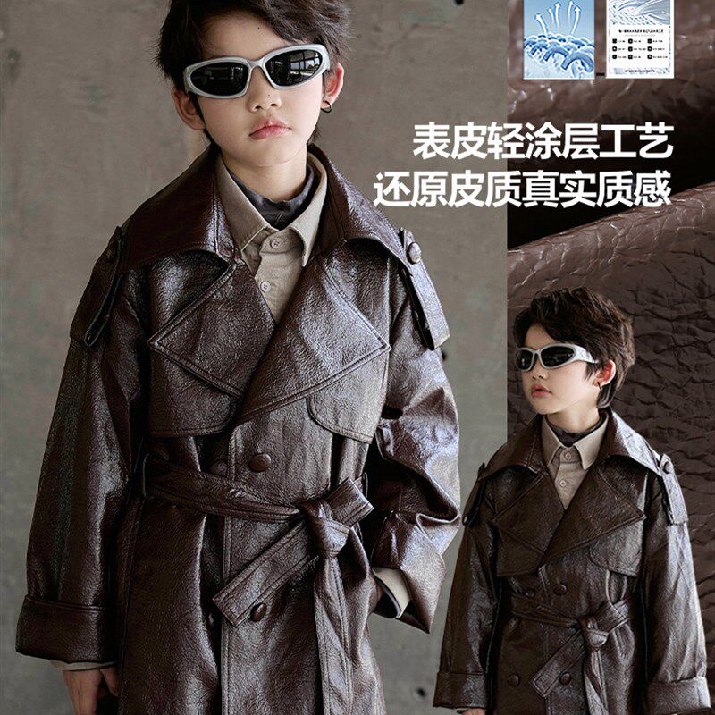 男童皮衣外套春秋款2025新款男孩中长款皮风衣儿童韩系机车服上衣