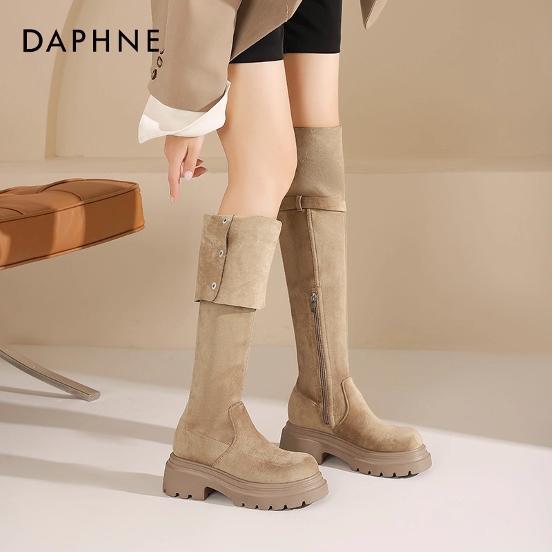 达芙妮长筒靴女款新款翻折两穿靴