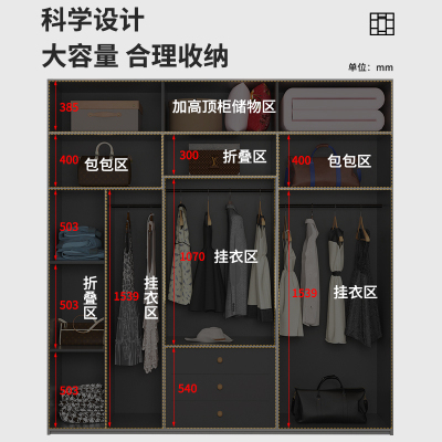 现代简约家用卧室储物衣柜轻奢组合四六门平开门到顶大衣橱
