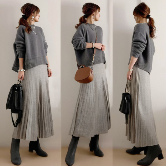 日韩现货2024新款纯色上衣+百褶半身裙针织套装