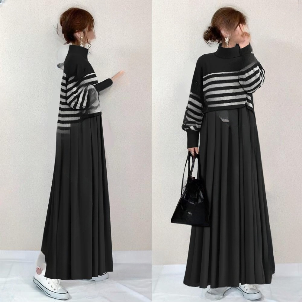 现货日系2024秋季新款圆领条纹毛织上衣宽松半身裙两件套