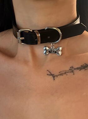 新款Y2K暗黑色颈环choker皮质小狗吊牌朋克项圈亚文化ins风项链女