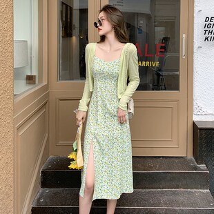 碎花吊带裙加开衫两件套夏季薄荷绿女时尚穿搭裙子绝美绿色连衣裙