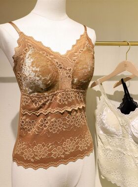 24秋冬丝绒立体蕾丝吊带领保暖v领背心润肤内衣一体固定杯设计款
