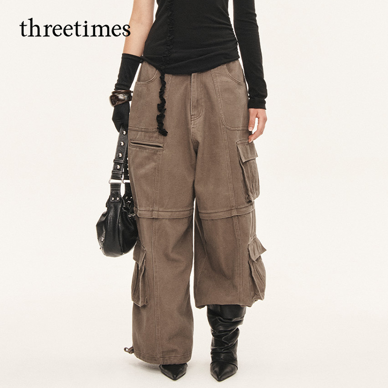threetimes男女款秋季美式复古高腰工装裤2025新款酷飒风阔腿长裤